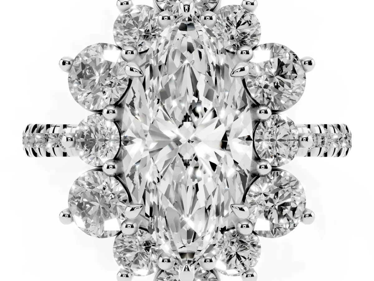 Marquise Cut Diamond Floral Halo Ring with Round Pavé Band and Prong Setting Silver