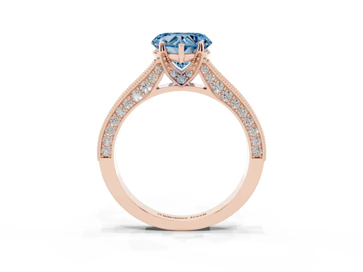 Fancy Blue Heart Cut Cut Diamond Solitaire Ring with Milgrain Pave Band and Four Prong Setting Rose gold