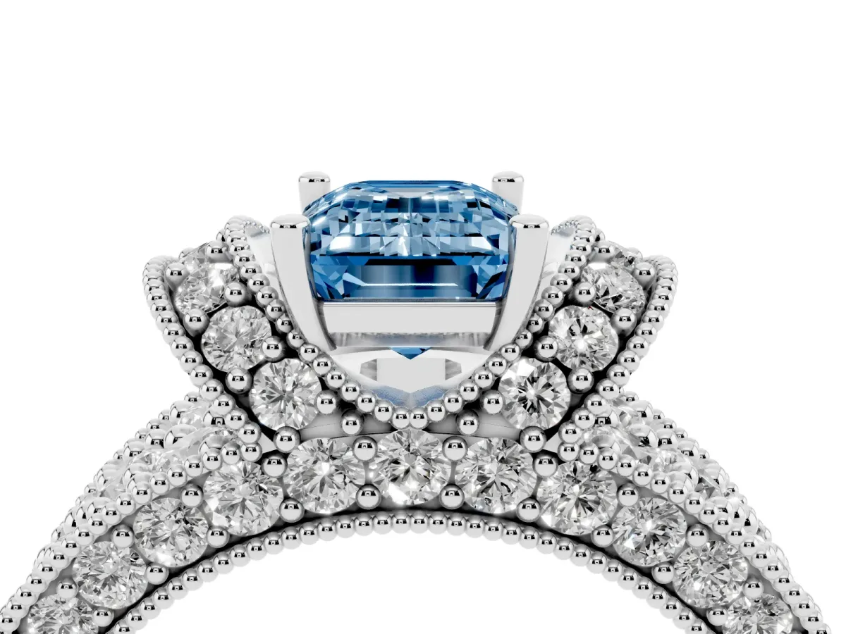 Fancy Blue Emerald Cut Halo Pave Diamond Engagement Ring with Milgrain Detailing White gold
