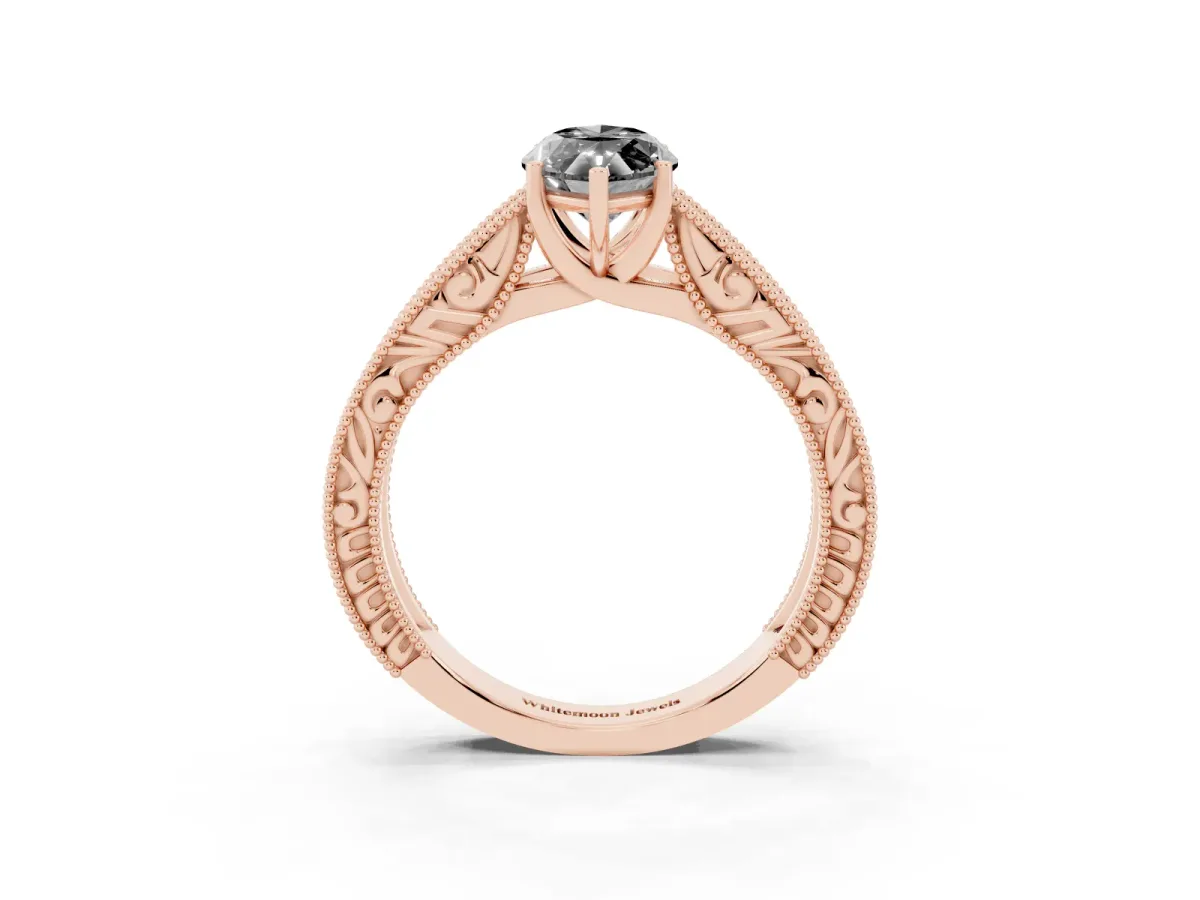 Fancy Black Marquise Cut Diamond Solitaire Ring with Engraved Band and Four-Prong Setting Rose gold