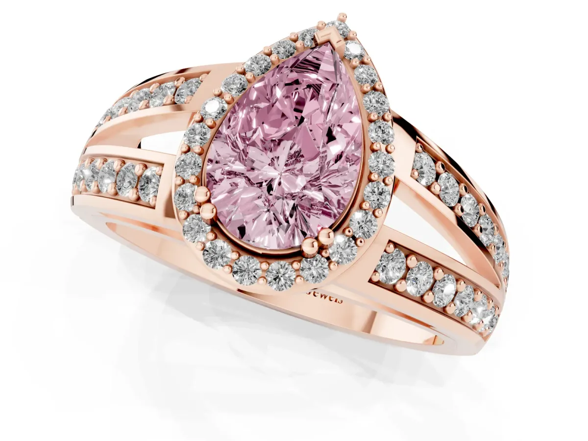 Fancy Pink Pear Cut Diamond Halo Ring with Split Shank Pavé Band and Four-Prong Setting Rose gold