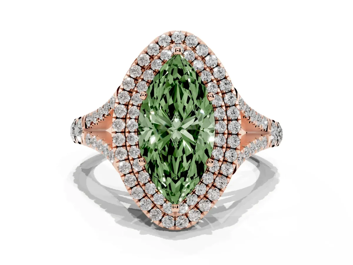 Fancy Green Marquise Cut Cut Double Halo Split Shank Diamond Ring with Prong Setting Rose gold