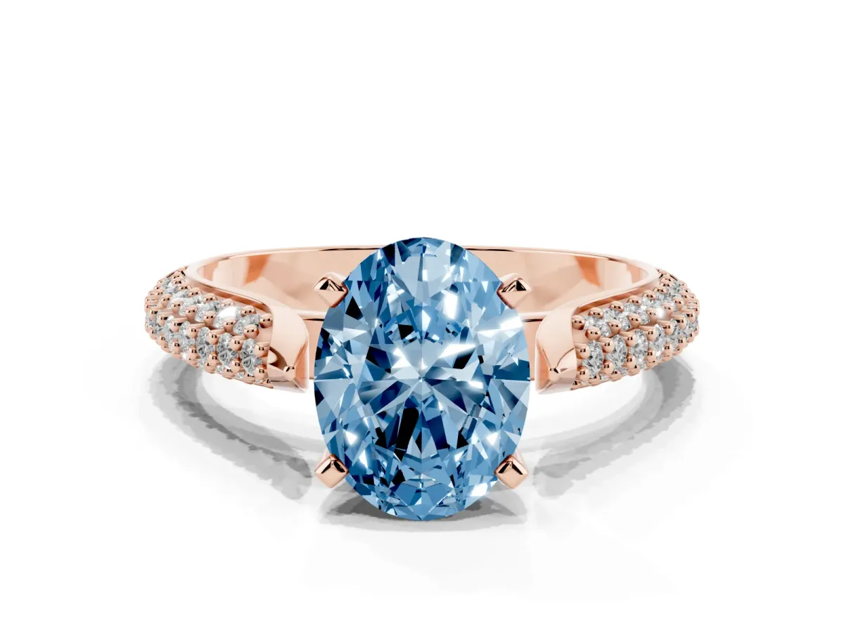 Fancy Blue Oval Cut Diamond Solitaire Engagement Ring with Multi-Row Round Pavé Band and Prong Setting Rose gold