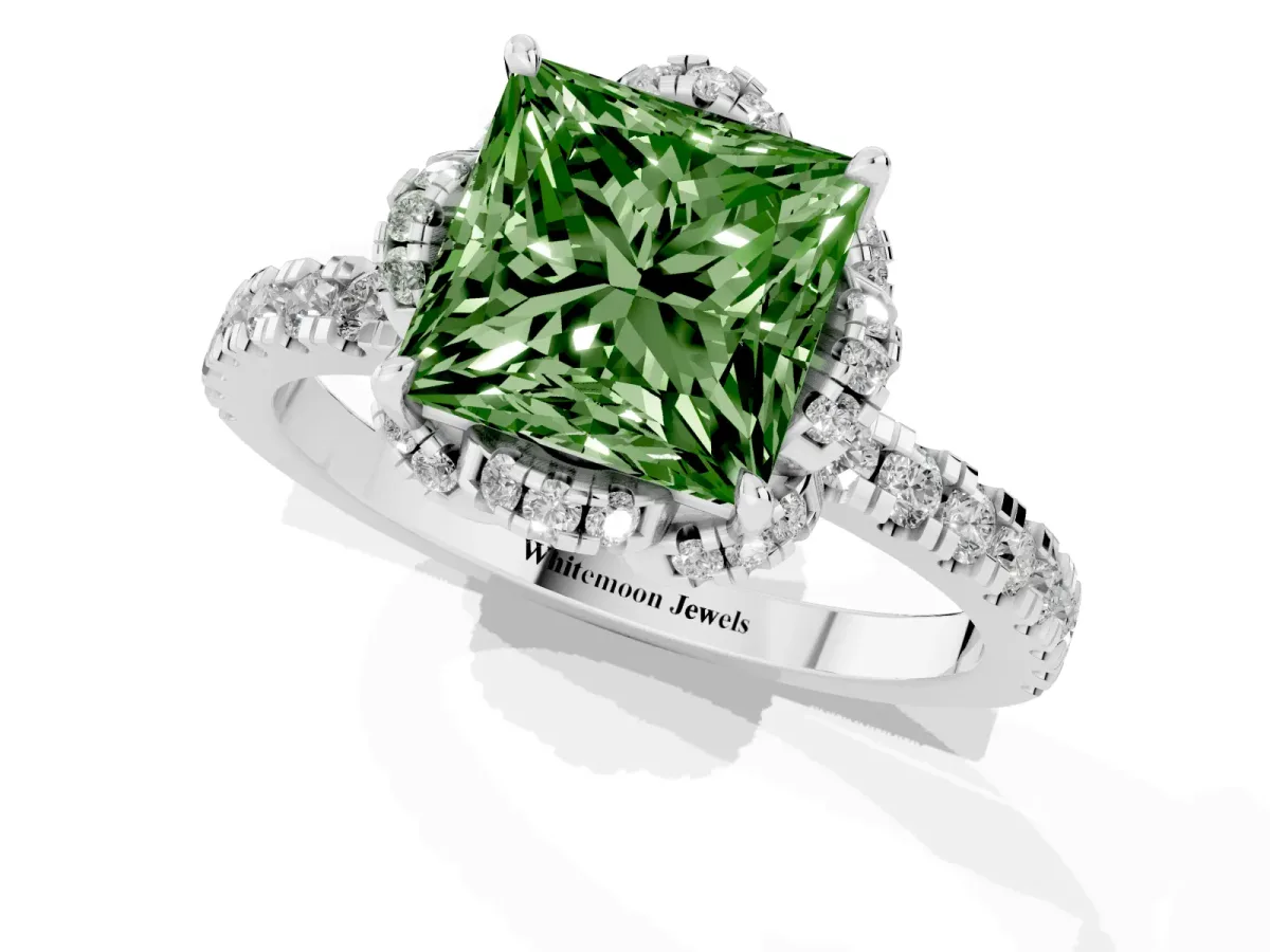 Fancy Green Princess Cut Halo Diamond Pave Band Ring with Four-Prong Setting Silver