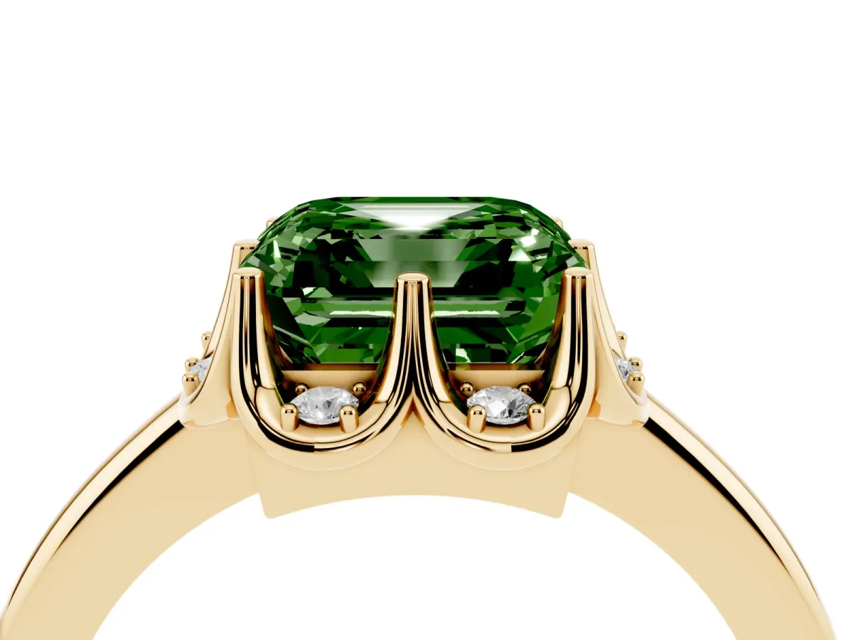 Fancy Green Asscher Cut Halo Diamond Ring with Round Cluster Setting, Solitaire Band, and Four-Prong Setting Yellow gold