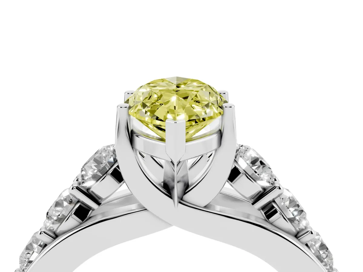Fancy Yellow Marquise Cut Diamond Engagement Ring with Pavé Band and Four-Prong Setting Silver