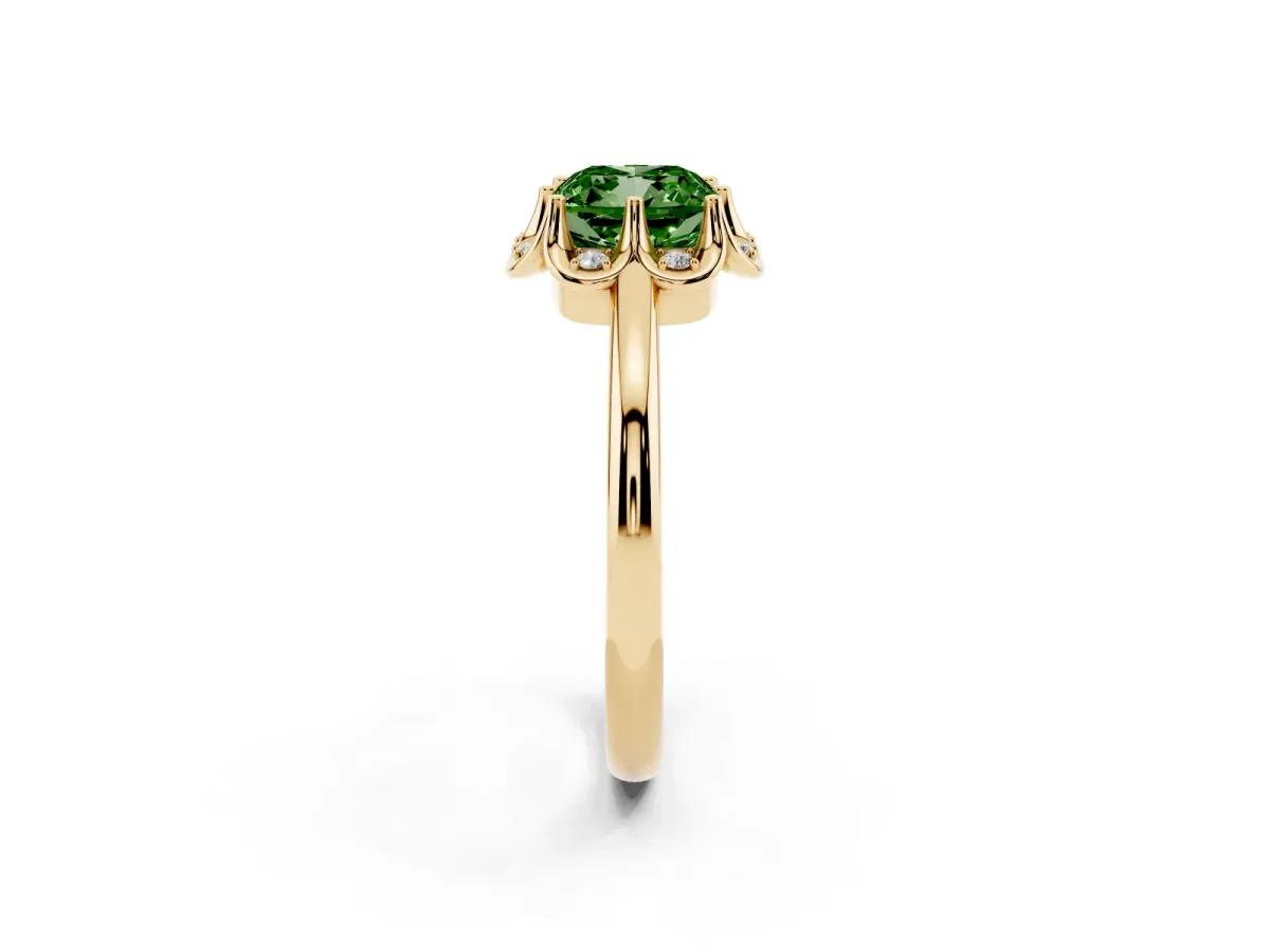 Fancy Green Cushion Cut Halo Diamond Ring with Round Cluster Setting, Solitaire Band, and Four-Prong Setting Yellow gold