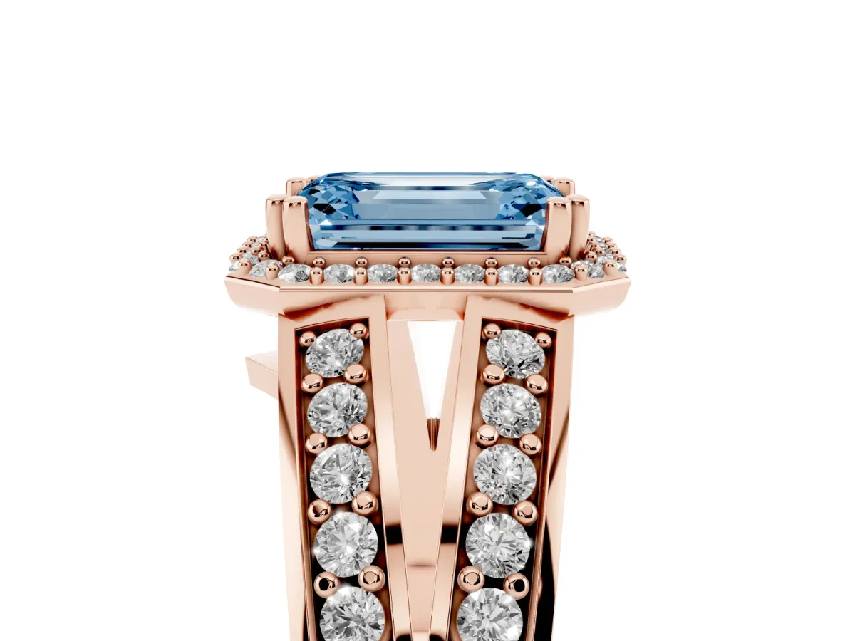Fancy Blue Emerald Cut Diamond Halo Ring with Split Shank Pavé Band and Four-Prong Setting Rose gold