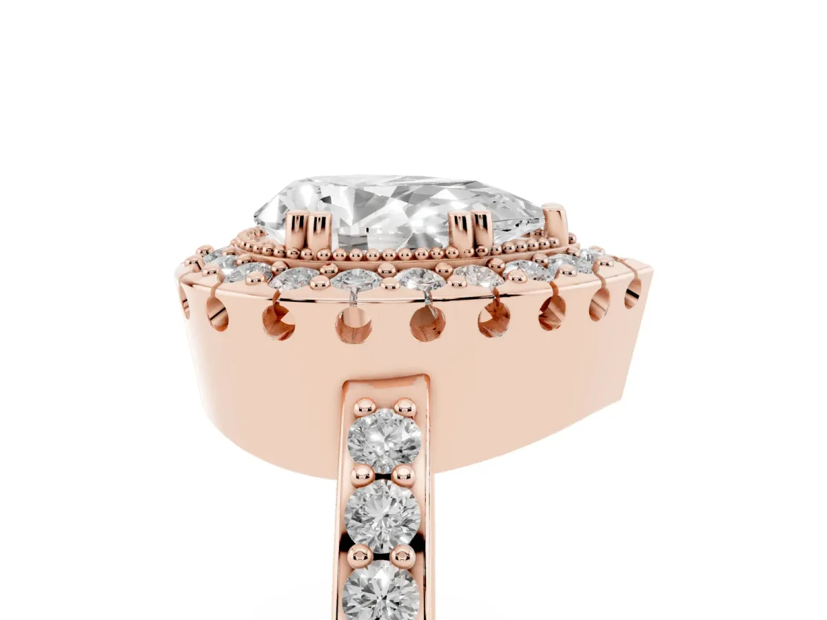 Pear Cut Diamond Halo Ring with Pavé Band and Prong Setting Rose gold