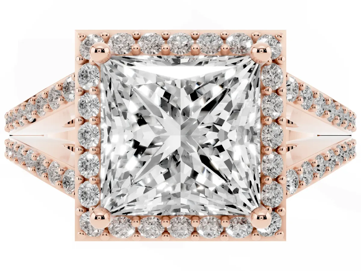 Princess Cut Halo Split Shank Pave Diamond Ring with Four-Prong Setting Rose gold