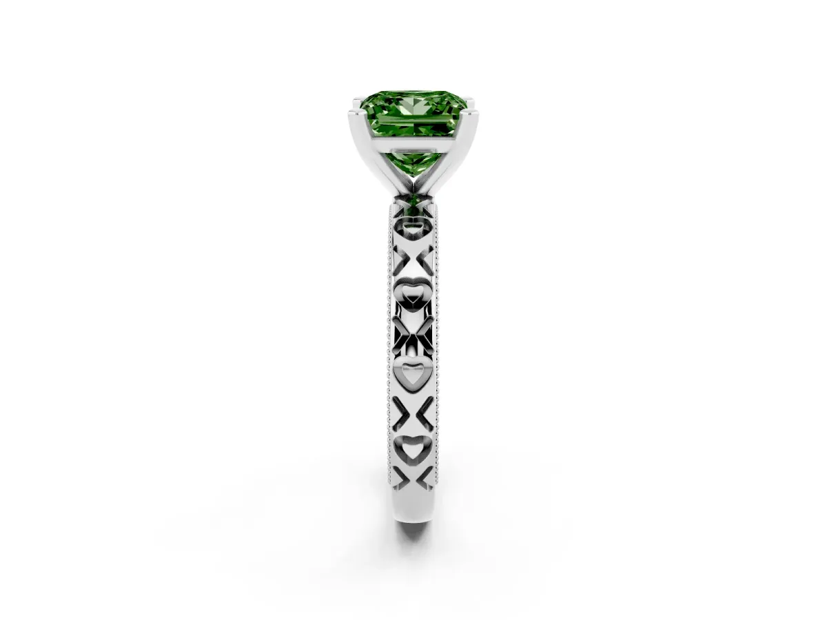 Fancy Green Princess Cut Solitaire Diamond Engagement Ring with XO Engraved Band and Four-Prong Setting Silver