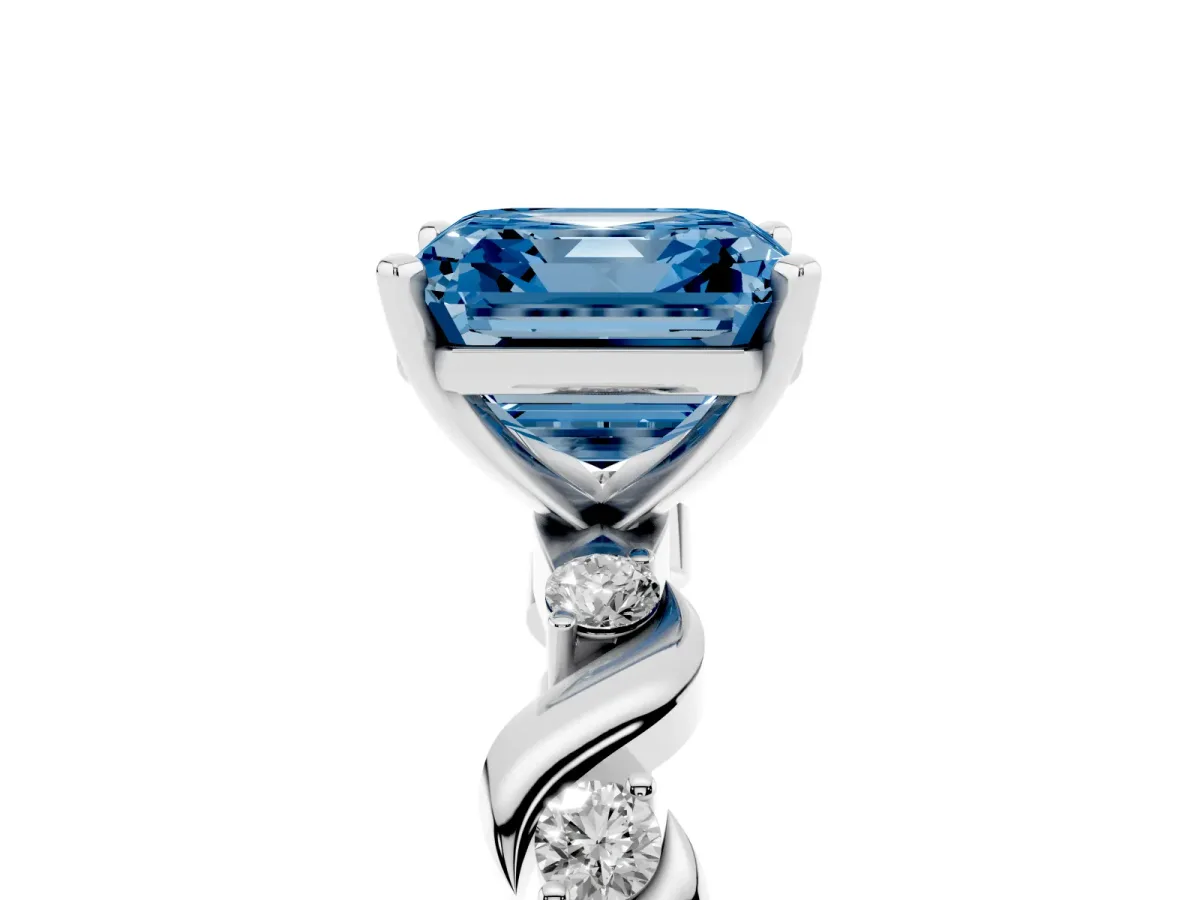 Fancy Blue Asscher Cut Diamond Solitaire Twisted Band with Round Accents and Prong Setting White gold