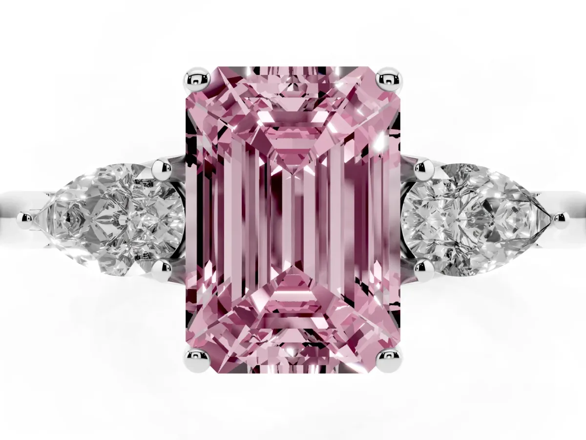 Fancy Pink Three-Stone Emerald Cut Brilliant Diamond Solitaire Ring with Tapered Band and Four-Prong Setting Silver