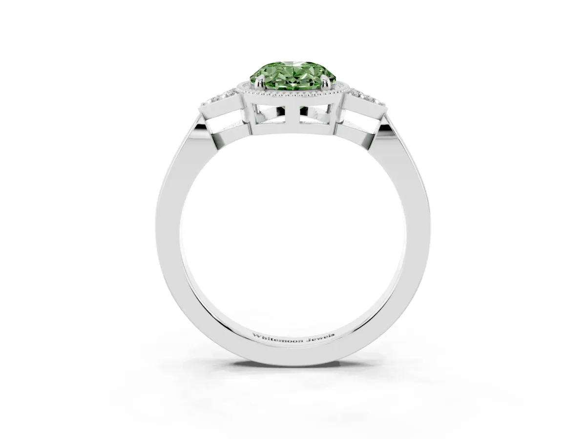 Fancy Green Oval Cut Diamond Halo Ring with Tapered Band and Four-Prong Setting Platinum