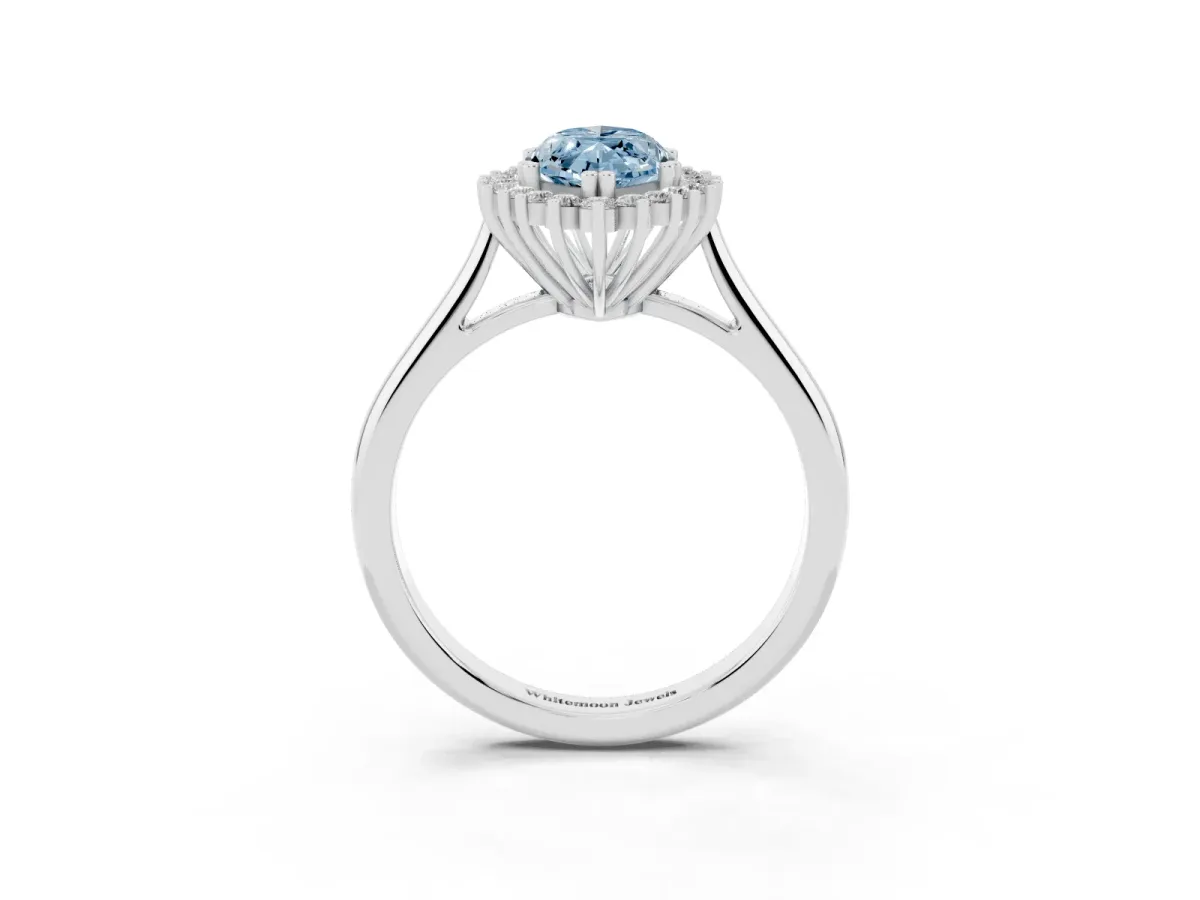 Fancy Blue Marquise Cut Cut Diamond Halo Ring with Solitaire Band and Prong Setting Silver