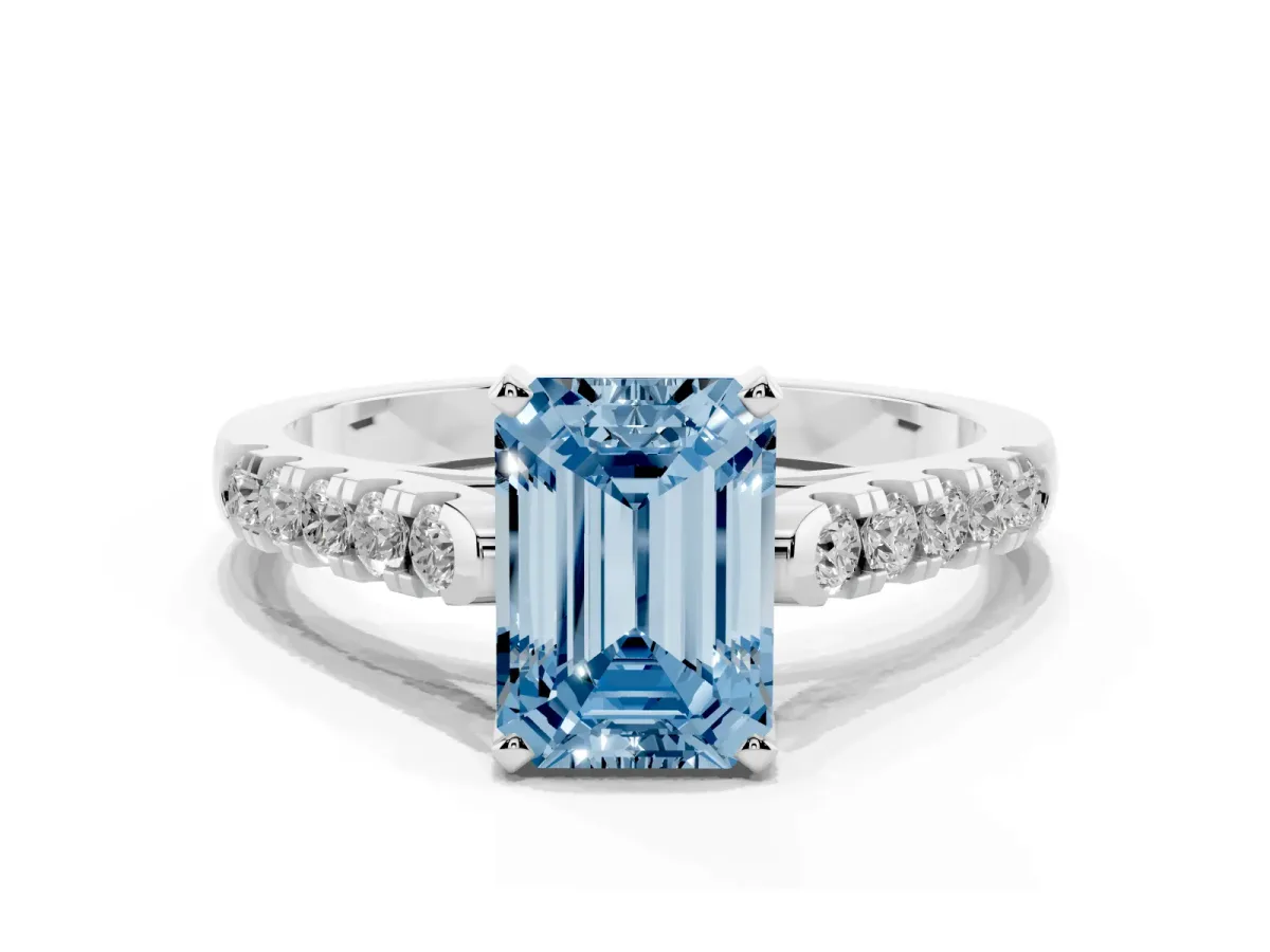 Fancy Blue Emerald Cut Diamond Pavé Band Solitaire Ring with Prong Setting Silver