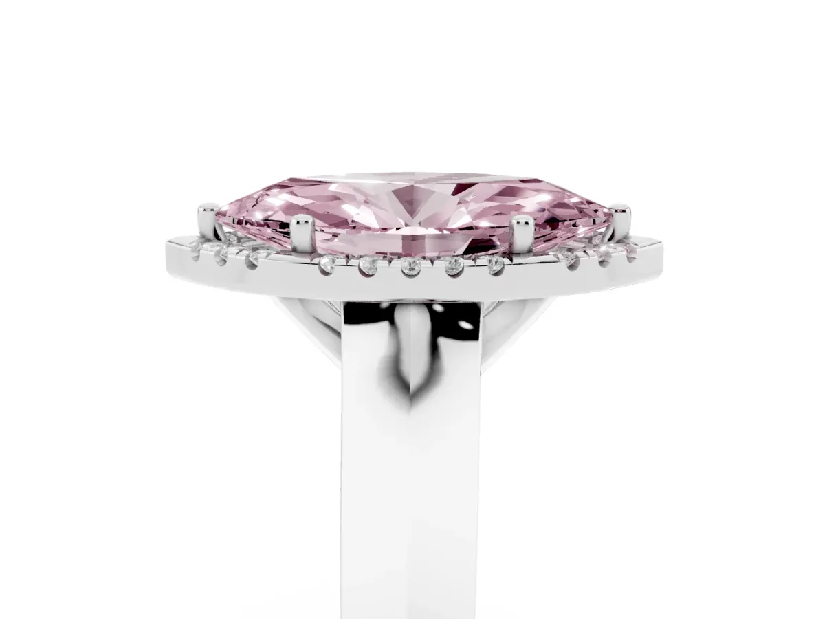 Fancy Pink Marquise Cut Halo Diamond Ring with Cathedral Band and Four-Prong Setting Platinum
