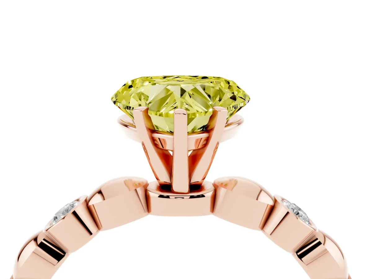 Fancy Yellow Heart Cut Solitaire Bezel-Set Diamond Ring with Beaded Band and Four-Prong Setting Rose gold