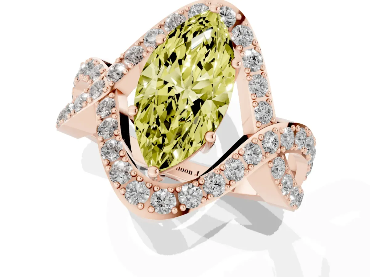 Fancy Yellow Marquise Cut Solitaire Twist Band Pavé Diamond Engagement Ring Rose gold