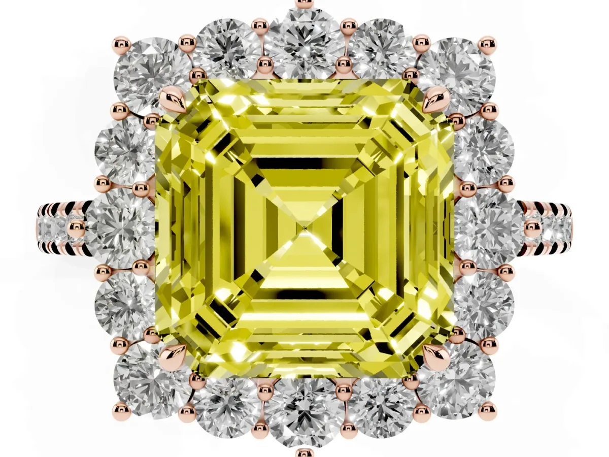 Fancy Yellow Asscher Cut Halo Diamond Ring with Pavé Band and Prong Setting Rose gold