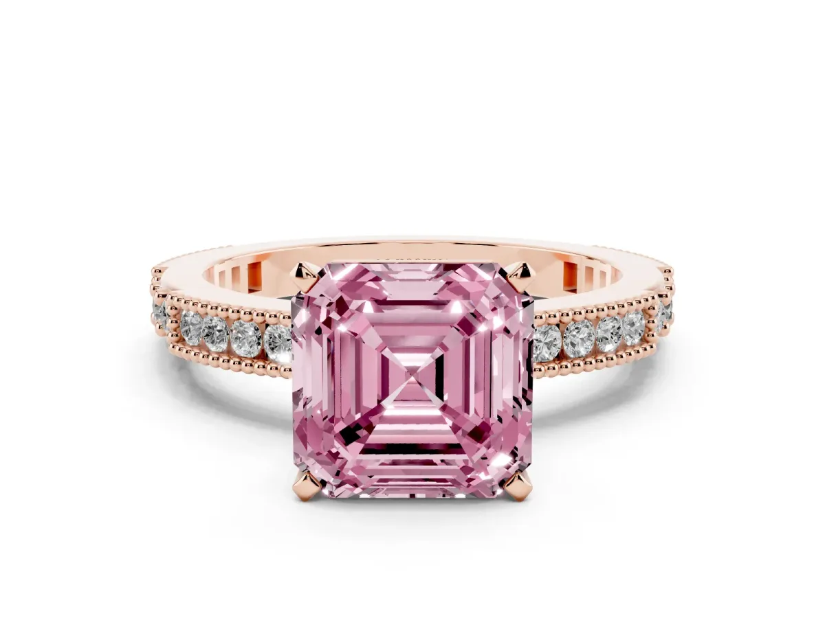 Fancy Pink Asscher Cut Solitaire with Pavé Band and Four-Prong Setting Rose gold