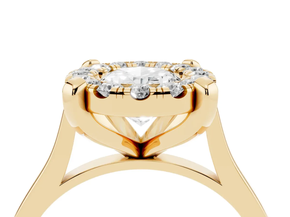 Oval Cut Diamond Cluster Halo Solitaire with Four-Prong Setting Yellow gold