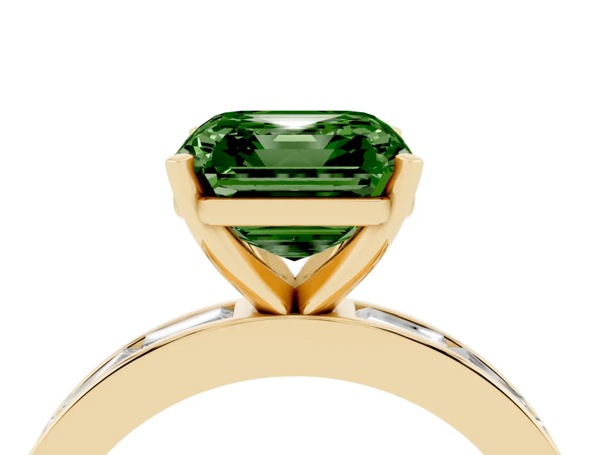 Fancy Green Asscher Cut Solitaire Diamond Ring with Channel-Set Baguette Band and Four-Prong Setting Yellow gold