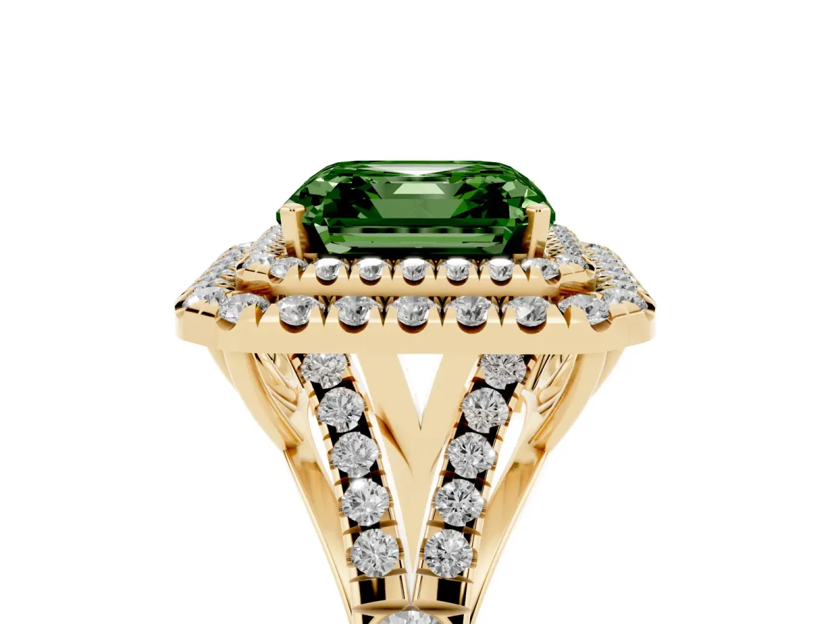 Fancy Green Asscher Cut Cut Double Halo Split Shank Diamond Ring with Prong Setting Yellow gold