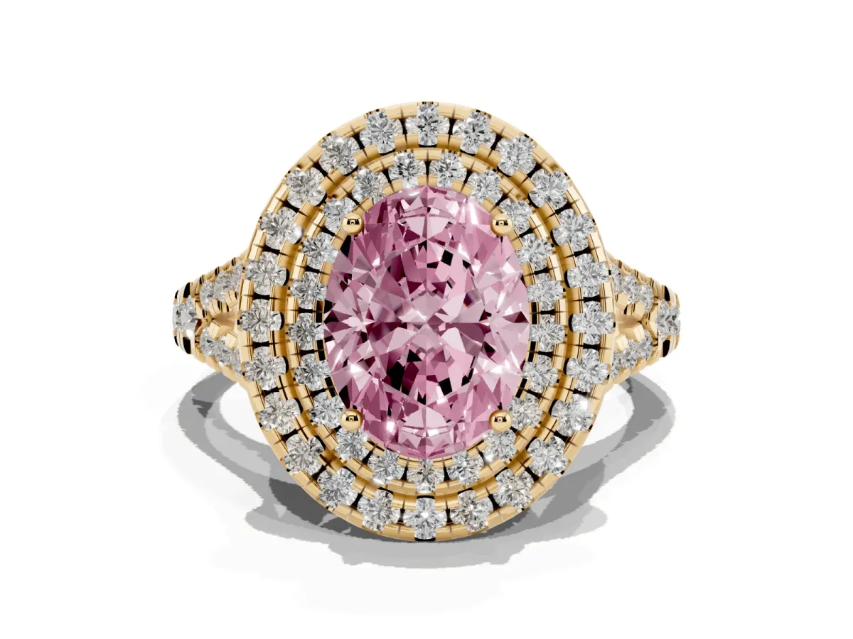 Fancy Pink Double Halo Oval Cut Diamond Pavé Split Shank Ring with Prong Setting Yellow gold