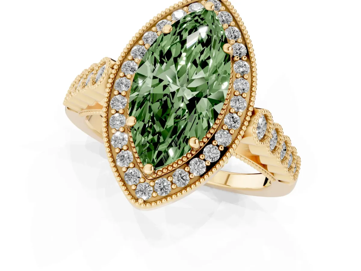Fancy Green Marquise Cut Halo Milgrain Solitaire with Bezel Set Side Stones and Pave Band Yellow gold