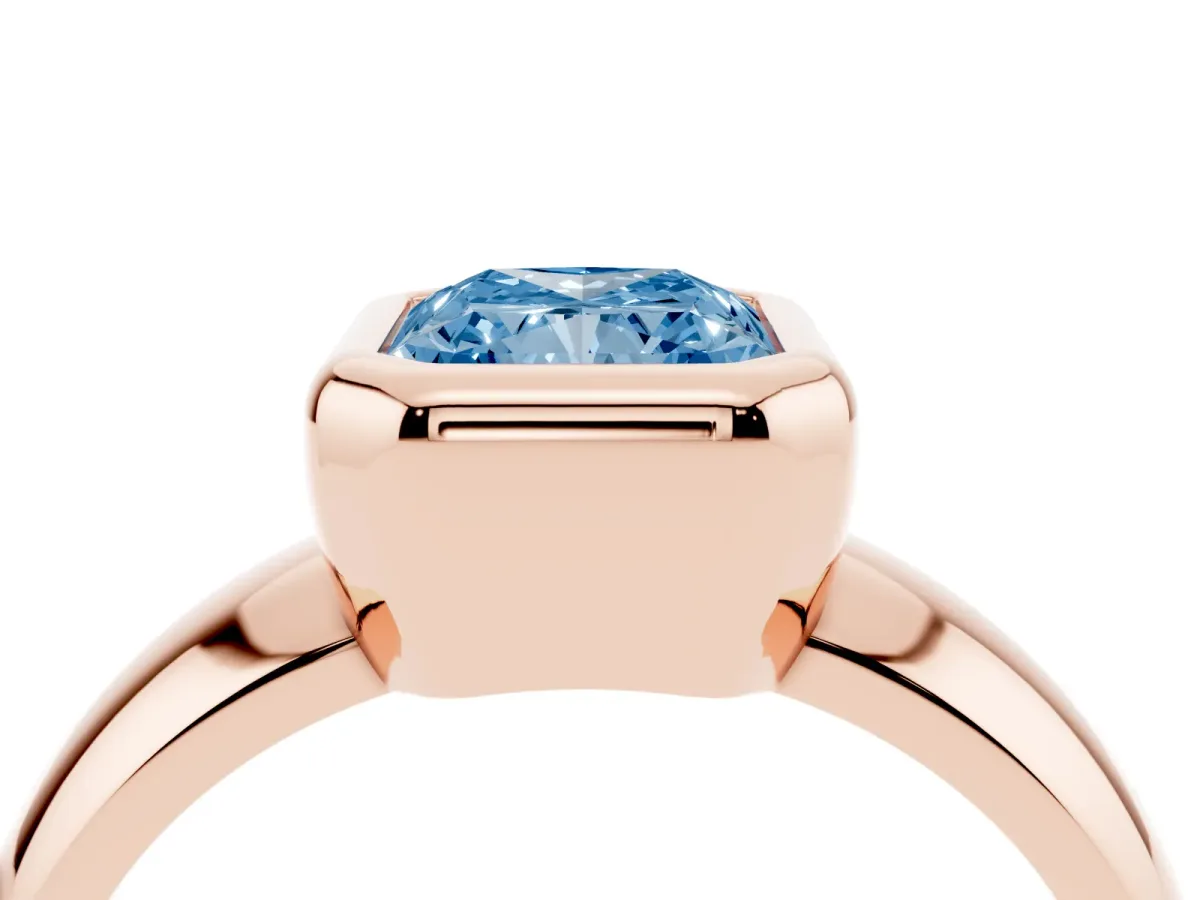 Fancy Blue Bezel Set Radiant Cut Solitaire Ring with Wide Band Rose gold