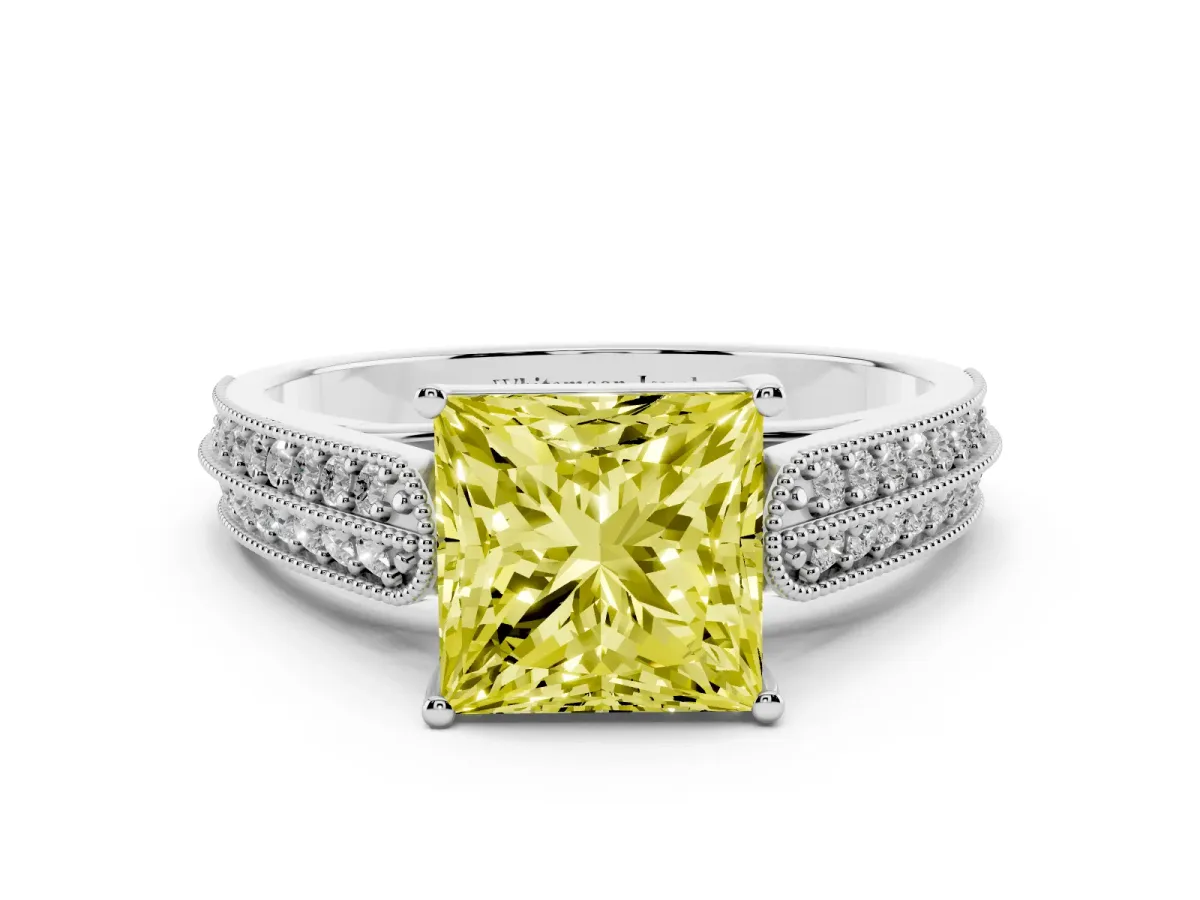 Fancy Yellow Princess Cut Cut Pave Split Shank Engagement Ring with Four-Prong Setting White gold