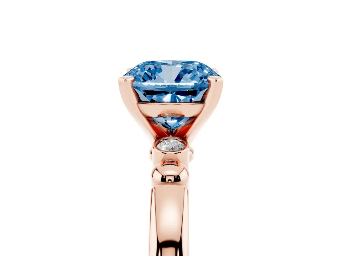Fancy Blue Cushion Cut Solitaire Beaded Band with Four-Prong Setting Rose gold