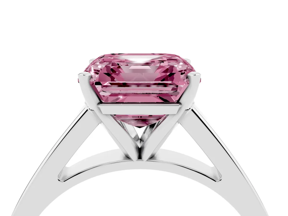 Fancy Pink Asscher Cut Solitaire Engagement Ring with Four-Prong Setting and Tapered Band White gold