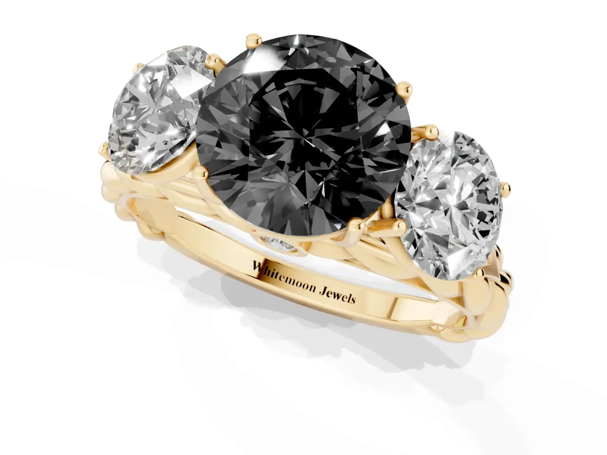 Fancy Black Three-Stone Round Cut Diamond Braided Band Ring with Four-Prong Setting Yellow gold