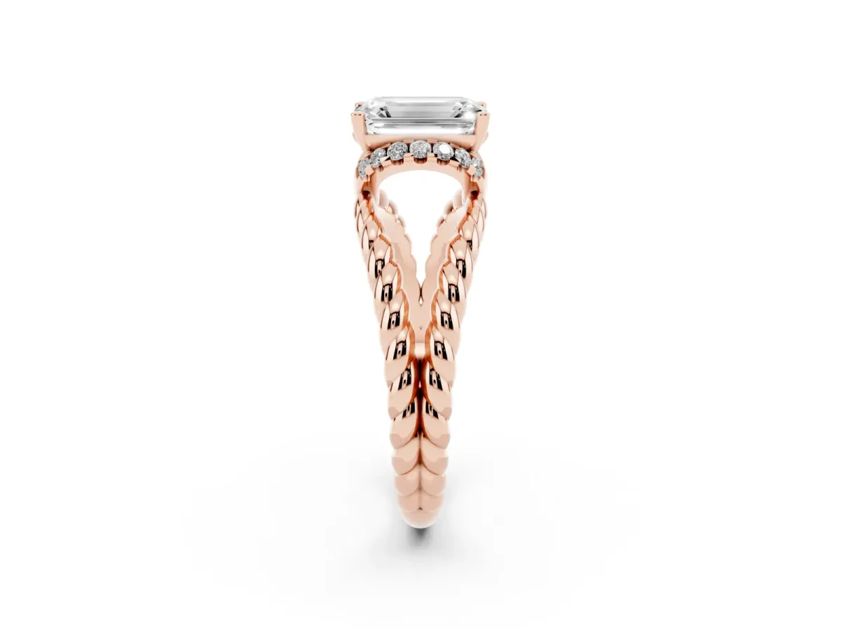 Emerald Cut Halo Twisted Band Four-Prong Ring Rose gold