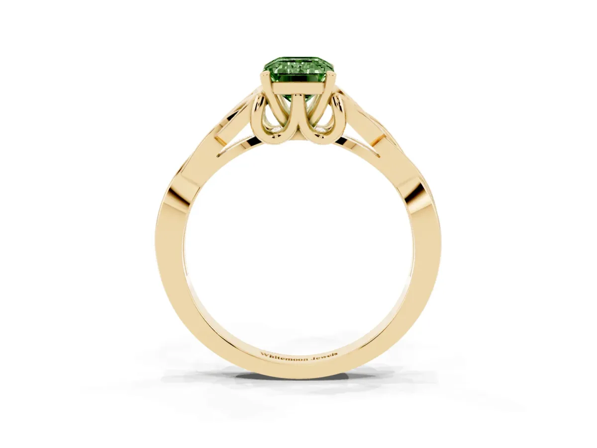 Fancy Green Emerald Cut Diamond Solitaire Engagement Ring with Celtic Knot Band and Four-Prong Setting Yellow gold