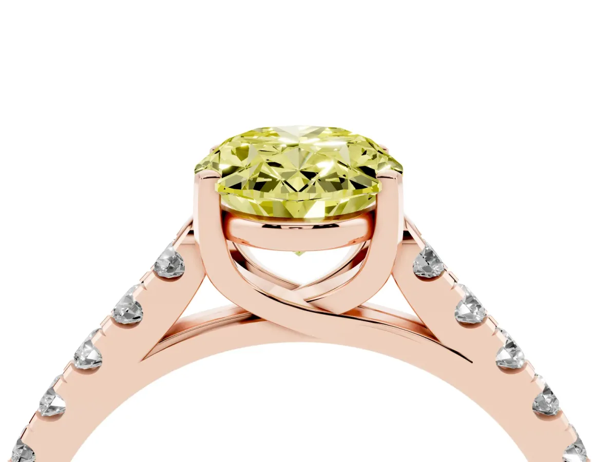 Fancy Yellow Oval Cut Diamond Pavé Band Solitaire Ring with Prong Setting Rose gold