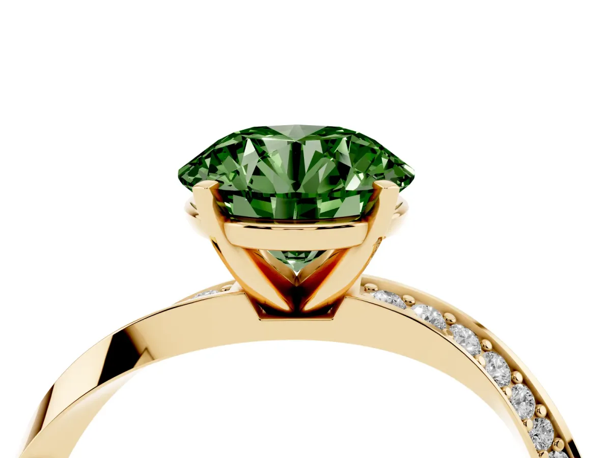 Fancy Green Round Cut Diamond Engagement Ring with Side Stone Accents and Four-Prong Setting Yellow gold