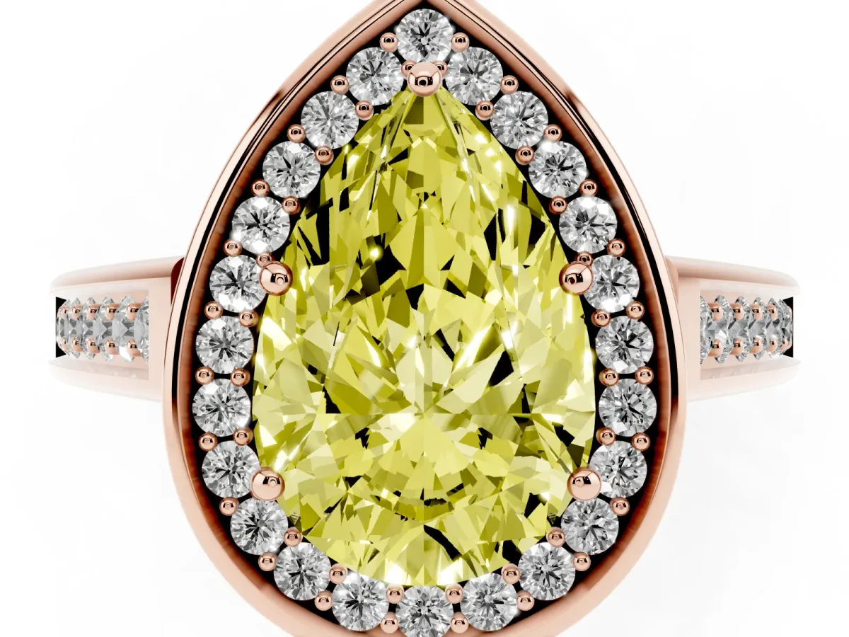Fancy Yellow Pear Cut Halo Solitaire Diamond Ring with Pave Band and Bezel Setting Rose gold