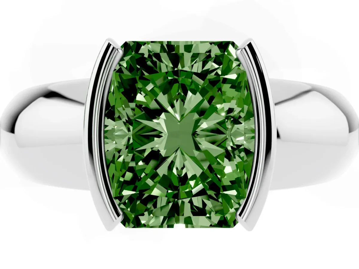 Fancy Green Radiant Cut Solitaire Tension Set Diamond Ring with Wide Band Silver