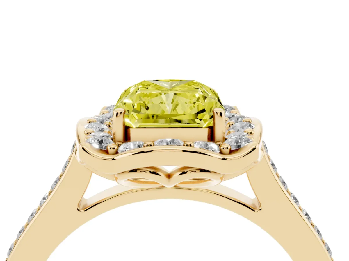Fancy Yellow Radiant Cut Halo Round Diamond Pave Band with Four-Prong Setting Yellow gold