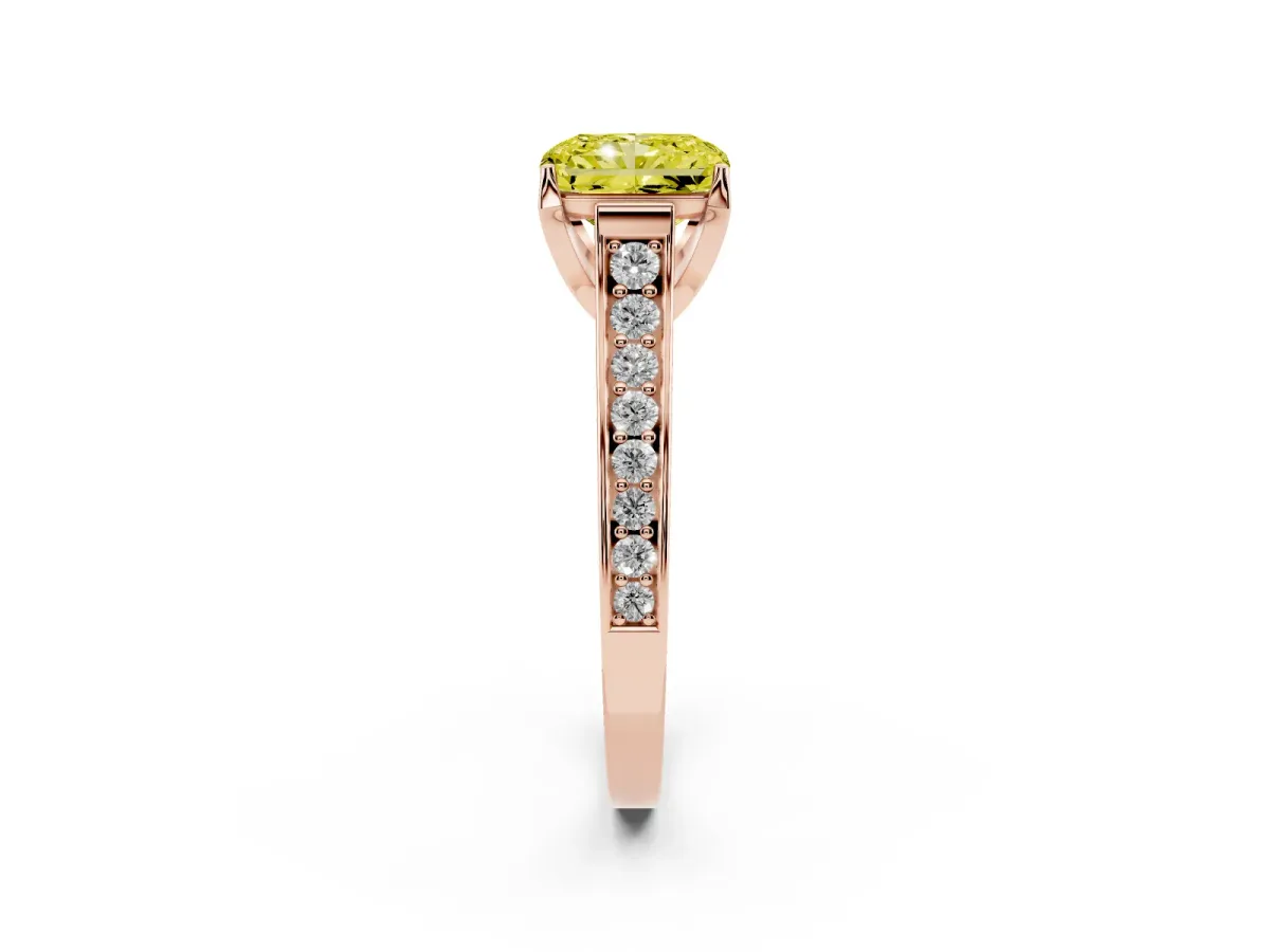 Fancy Yellow Radiant Cut Brilliant Cut Diamond Engagement Ring with Pavé Band and Four-Prong Setting Rose gold
