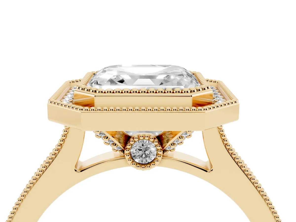 Halo Asscher Cut-Cut Diamond Pave Band Milgrain Prong Setting Ring Yellow gold