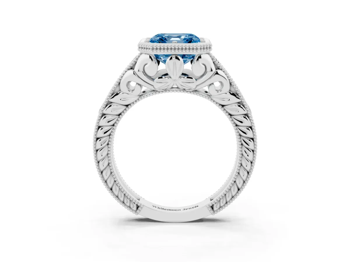 Fancy Blue Bezel Set Asscher Cut Diamond Milgrain Pave Engagement Ring White gold