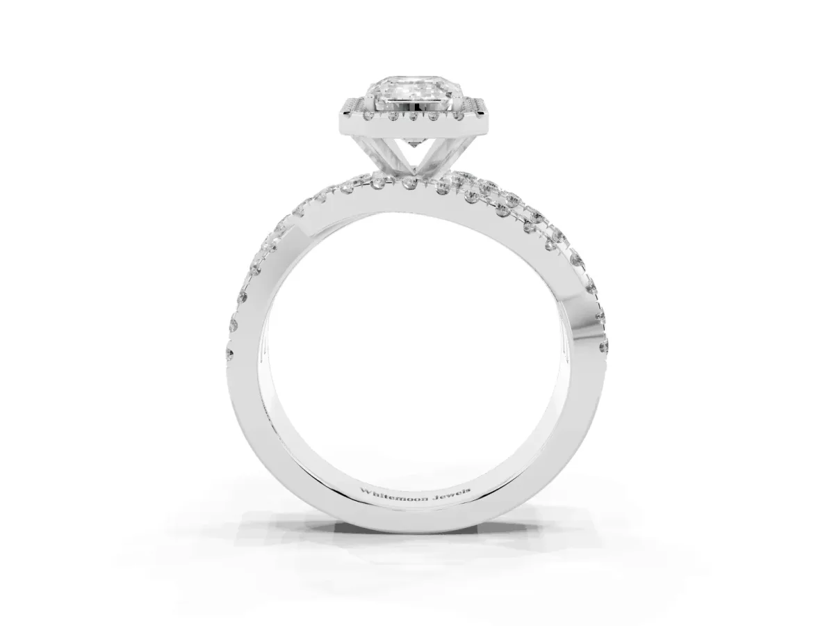 Emerald Cut Diamond Halo Ring with Round Split Shank and Prong Setting Silver