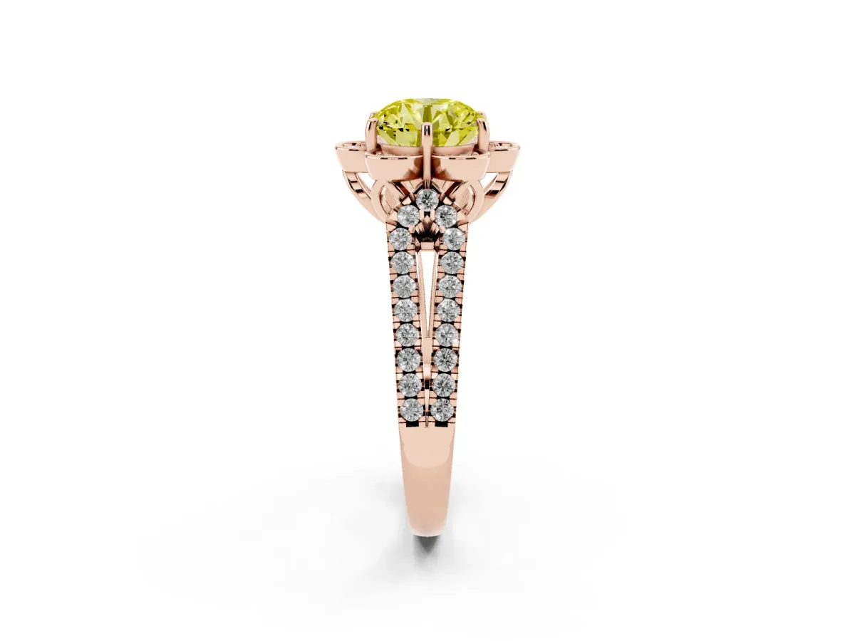 Fancy Yellow Round Cut Halo Diamond Floral Split Shank Engagement Ring Rose gold