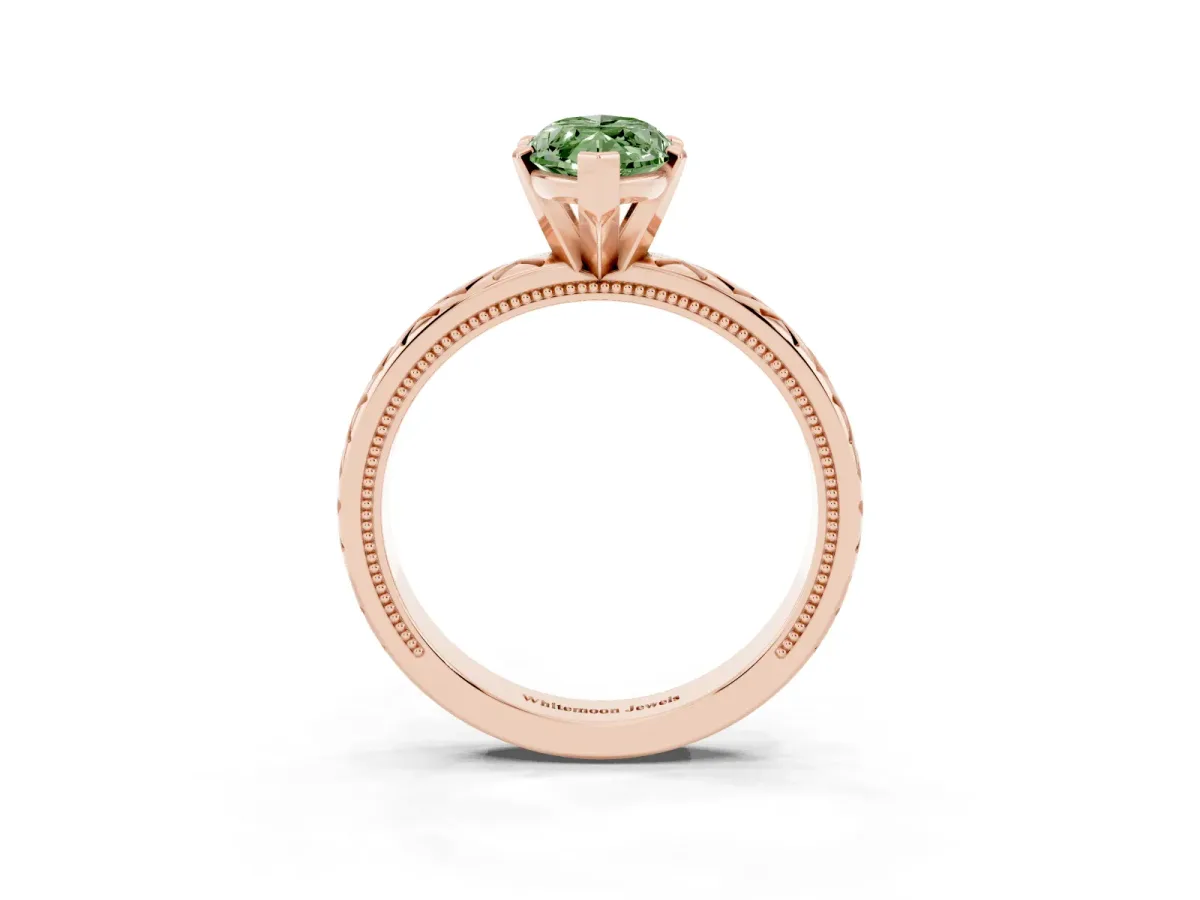 Fancy Green Marquise Cut Solitaire Diamond Ring with Milgrain and Black Enamel X Pattern Band Rose gold