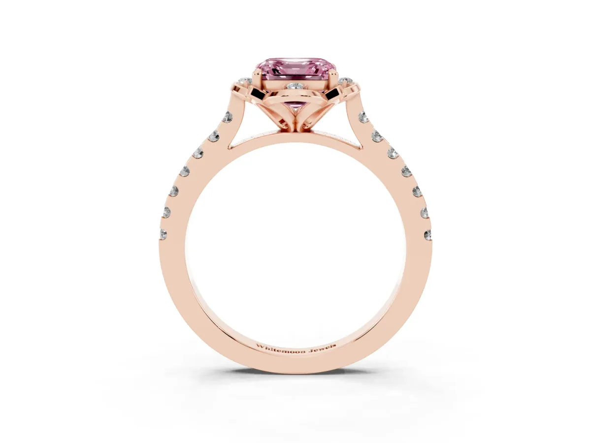 Fancy Pink Asscher Cut Diamond Ring with Pavé Band and Floral Prong Setting Rose gold