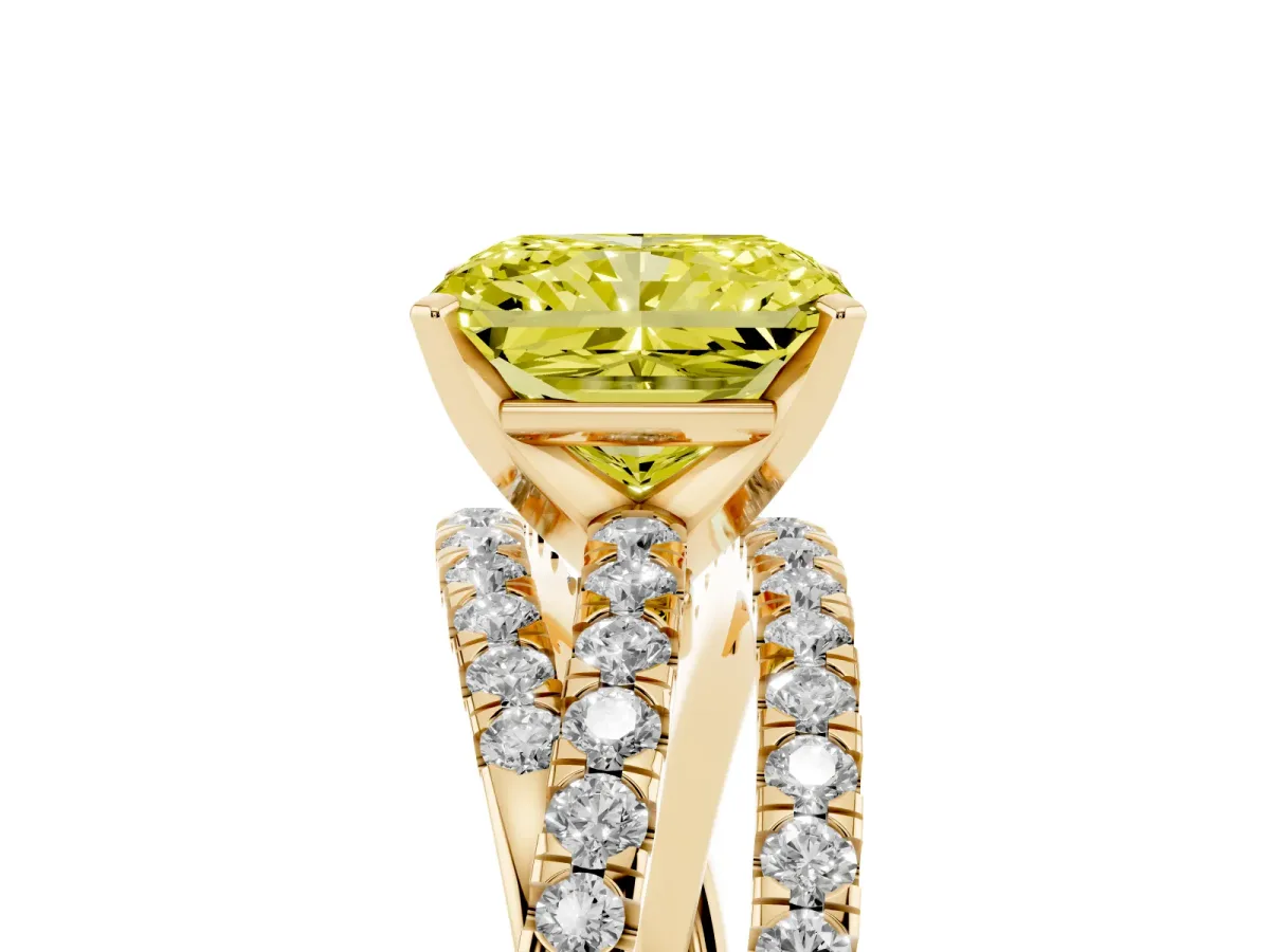 Fancy Yellow Radiant Cut Solitaire Twist Band with Pavé Setting and Four-Prong Setting Yellow gold